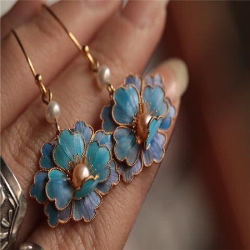 Retro Style Vintage Floral Cloisonné Earrings Hanfu Chinese Jewelry