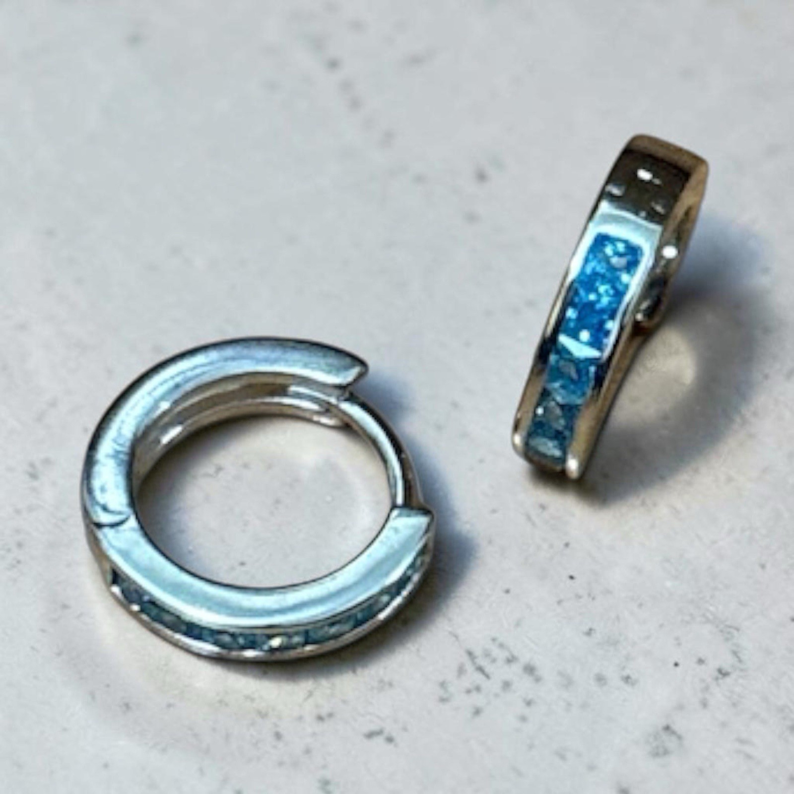 Silver-Tone Blue Cubic Zirconia Huggie Hoop Earrings, Hinged, Channel-Set