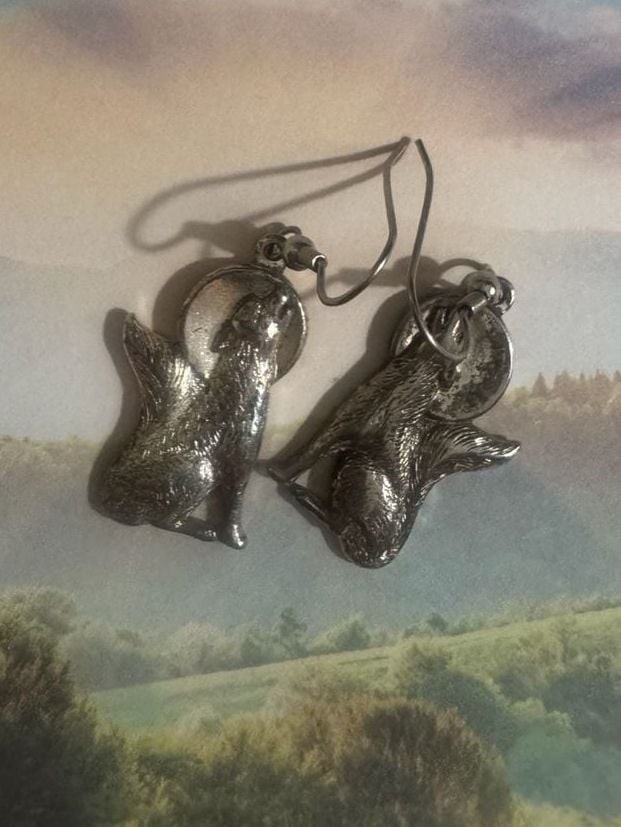 Vintage Pewter Wolf Howling at the Moon Dangle Earrings