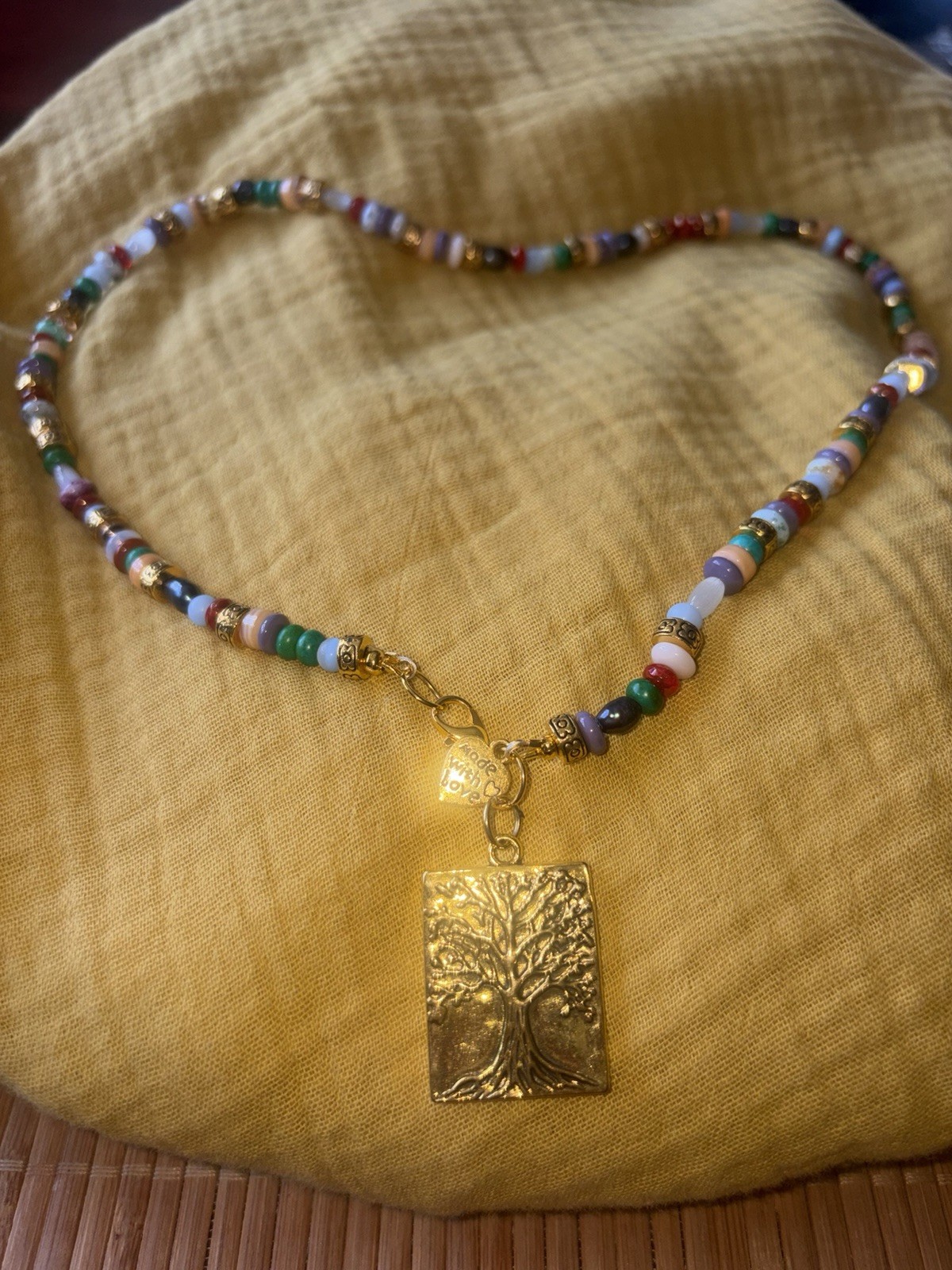 Handmade Multicolor Beaded Necklace Tree of Life Pendant Lobster 20 in