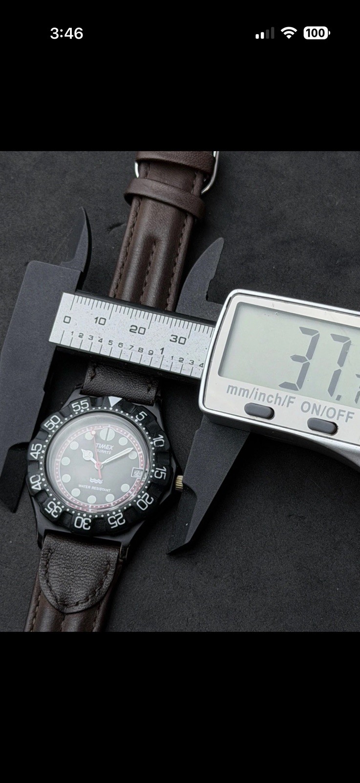 Vtg 1990 TIMEX Diver Men’s 36mm Quartz Watch Date Black Case Dial Brown Leather