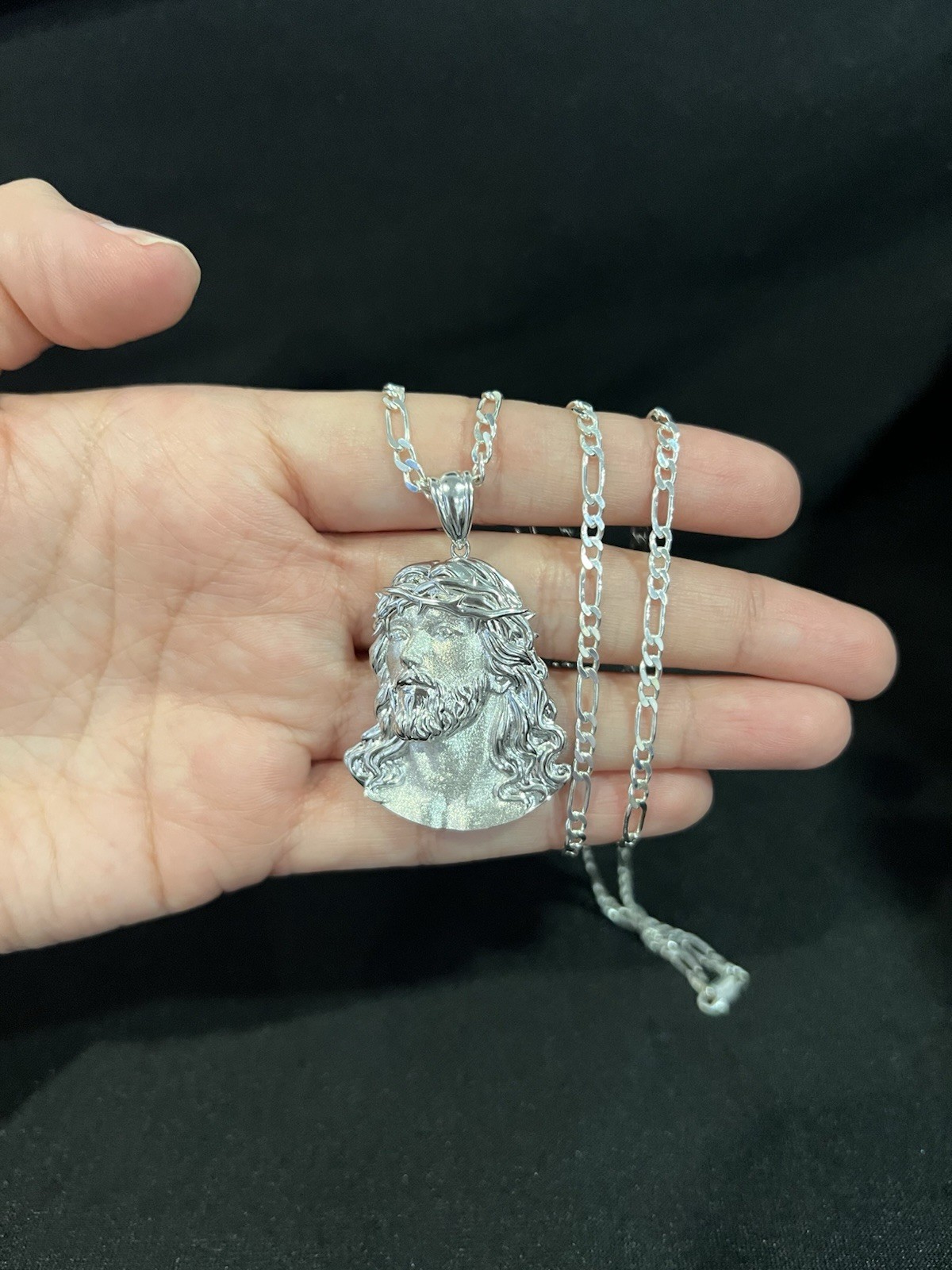 925 Sterling Silver Men Women God Jesus Face Head Pendant Figaro Chain 20 26 30