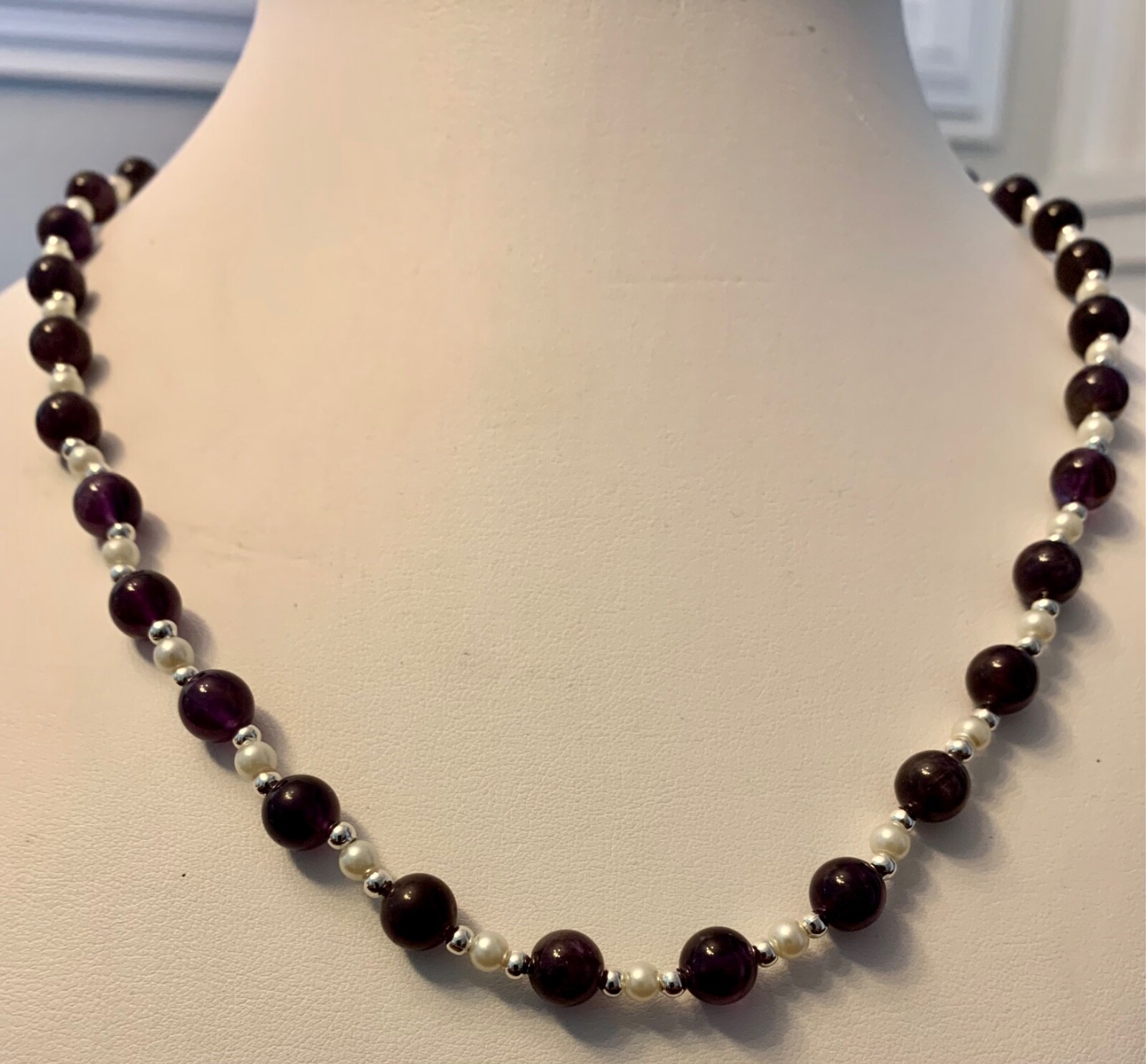 20″ Dark Amethyst and Glass Pearl Necklace