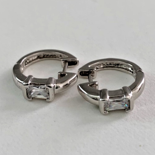 Clear Baguette Cut Cubic Zirconia Huggie Hoop Earrings in Solid Sterling Silver