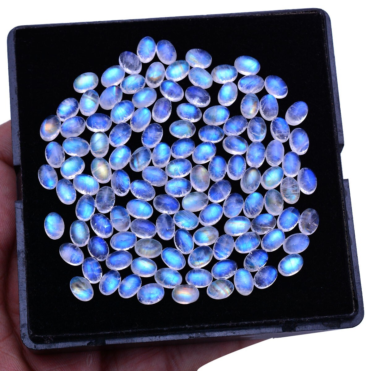 25 Pcs Natural Blue Fire Moonstone 7x5mm Untreated Oval Cabochon Gemstones Lot