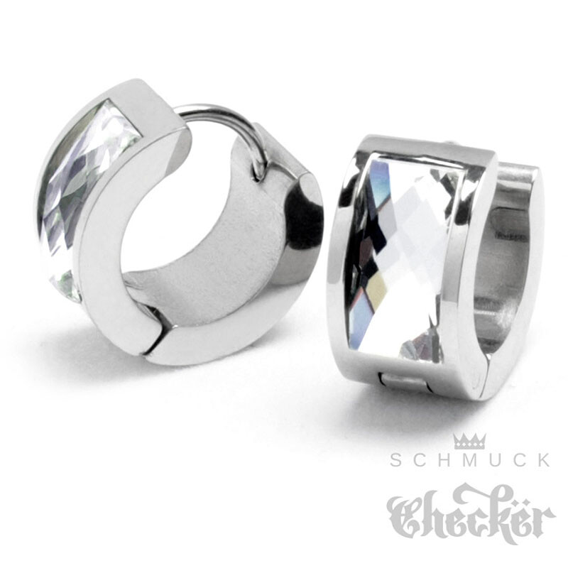 Hinged Hoop Large Cubic Zirconia Women Earrings 316L Stainless Steel Silver Polished Huggie