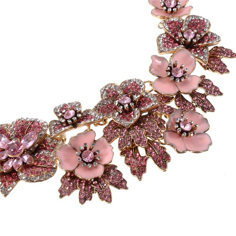 PRETTY IN PINK Pave Rhinestone Enamel Flower Bib Vintage Style Necklace