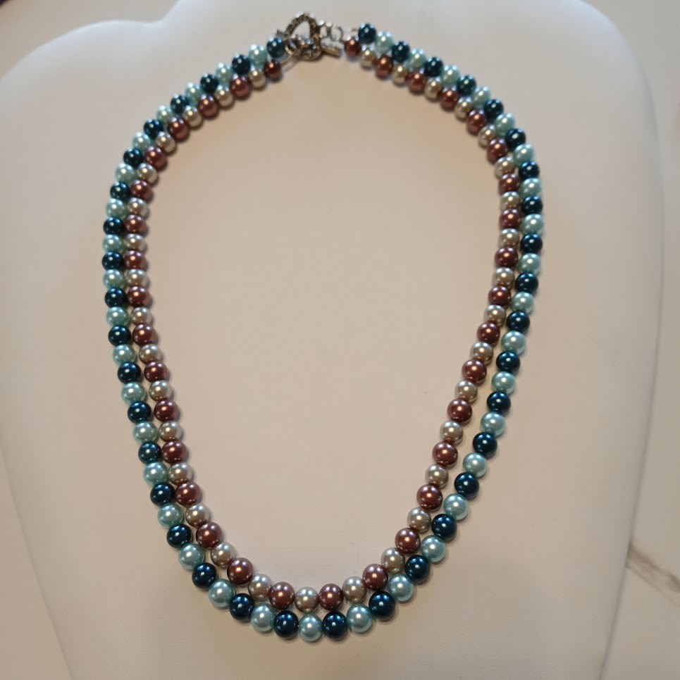 VTG 20″HONARA Double Strand Glass/Shell Pearls Teal Mauve Champagne Heart Toggle