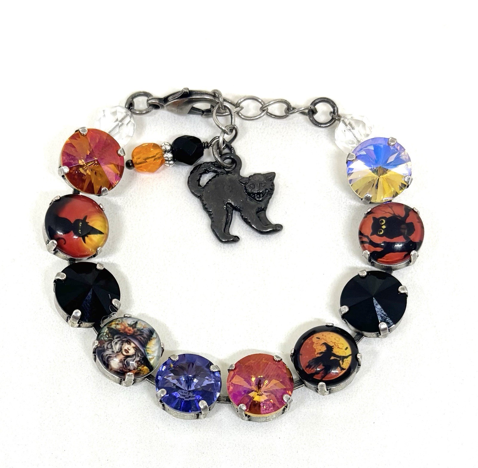 Orange Halloween Witch Cup Chain Statement Bracelet With Jet Black Crystals