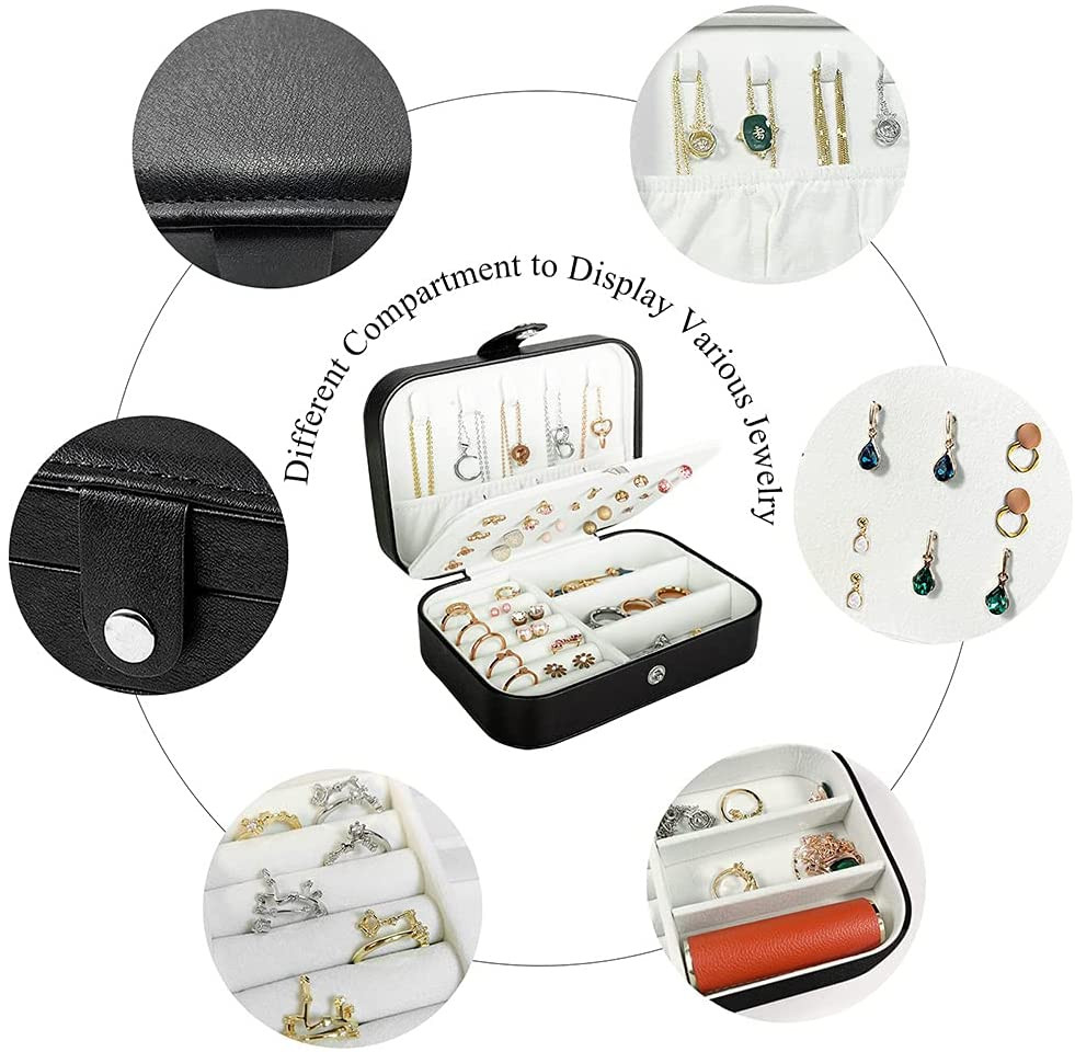 Travel Jewelry Box, PU Leather Small Jewelry Organizer for Women Girls, Double L