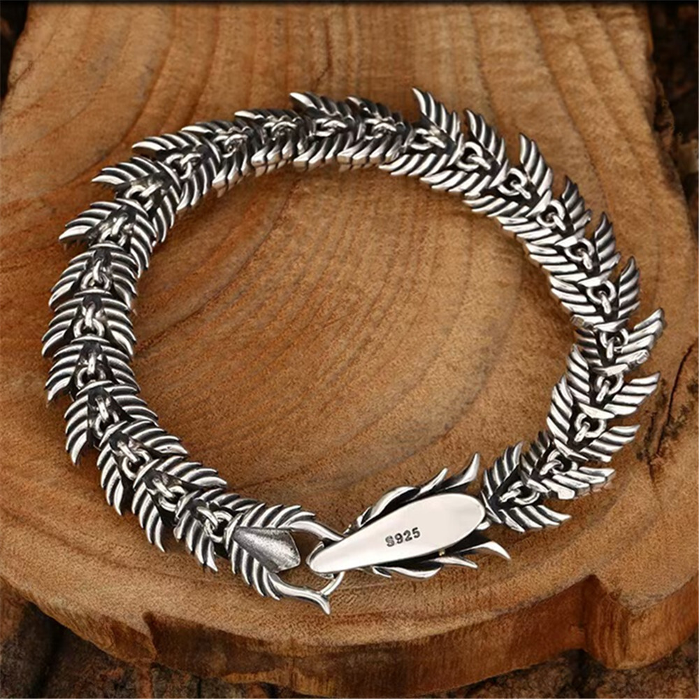 Pure S925 Sterling Silver Chain 12mm Dragonscale Bone Link Bracelet 7.1-8.3inch