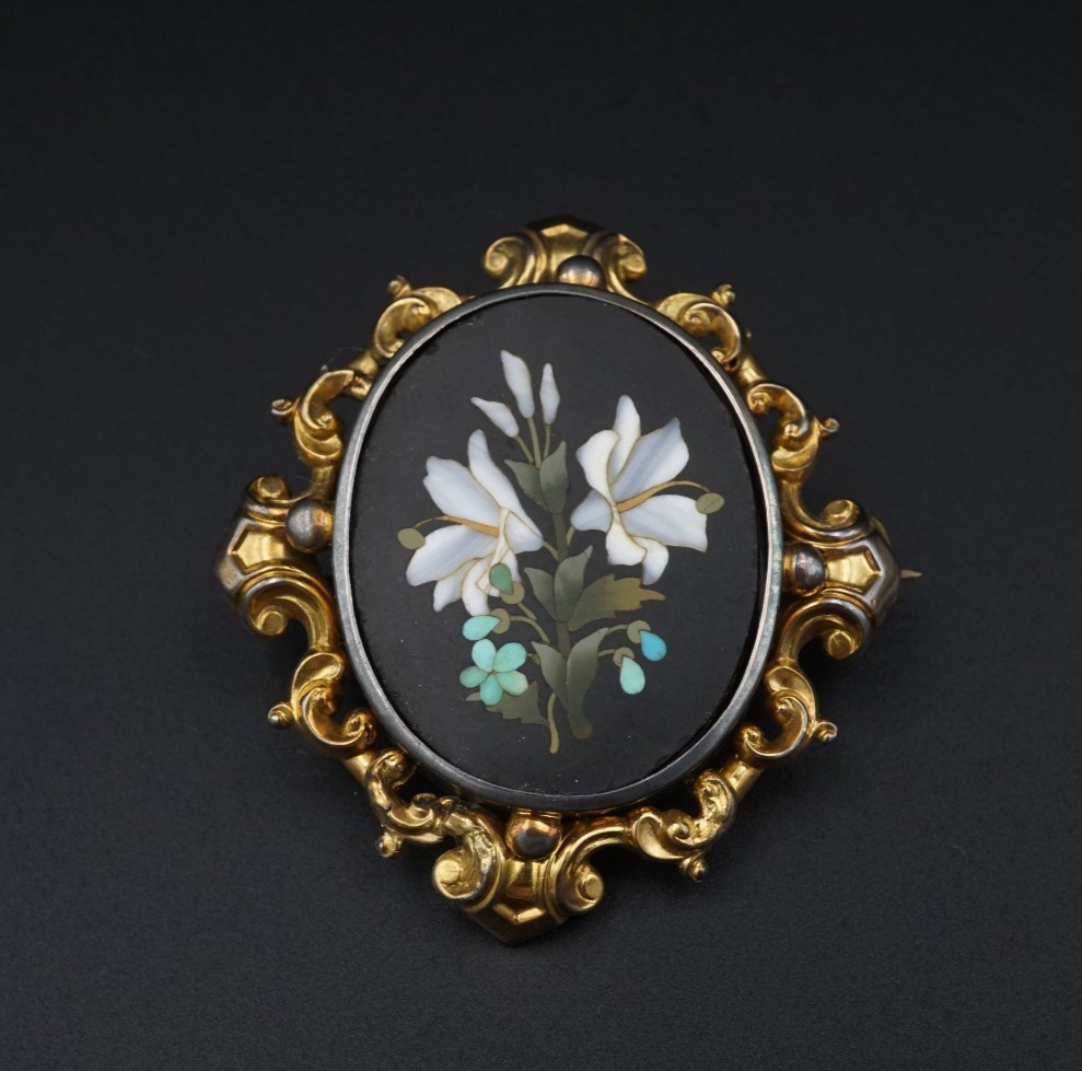 Antique Victorian Pietra Dura Floral Brooch Inlay 9k Yellow Gold OG603