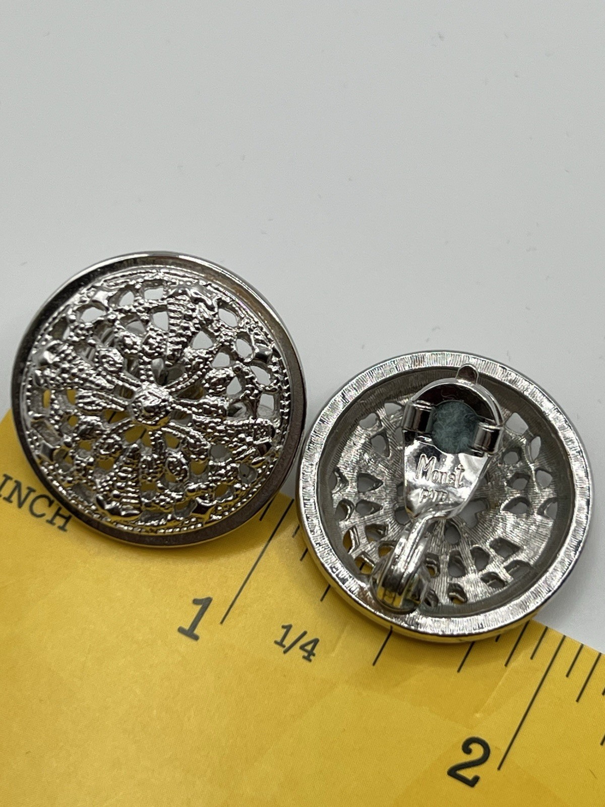 Monet Signed Silver Tone Round Filigree Stud Clip-On Earrings 1 in
