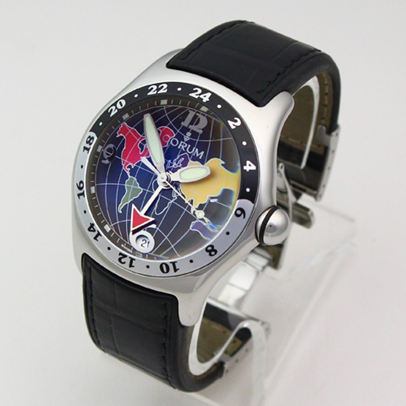 Corum Bubble GMT 383.250.20 45mm Black World Map Dial Wristwatch + Box & Cards