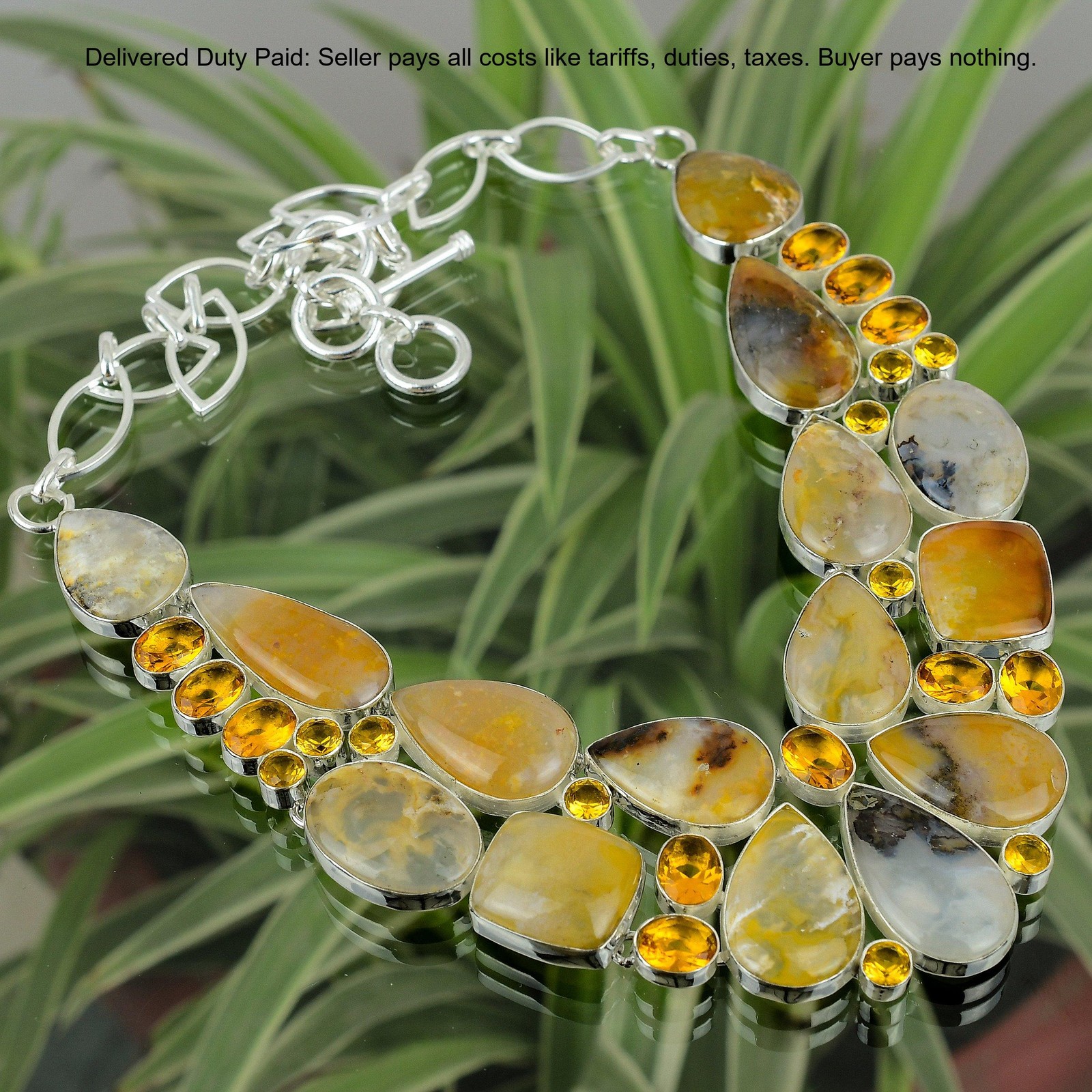 Natural Plume Agate Citrine Sterling Silver Boho Chain Wedding Necklace Jewelry