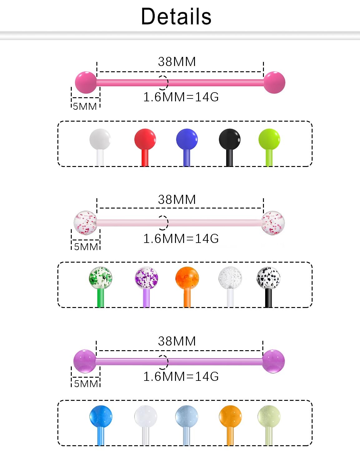36PCS Glow in the Dark 14G Industrial Piercing Jewelry for Men Women