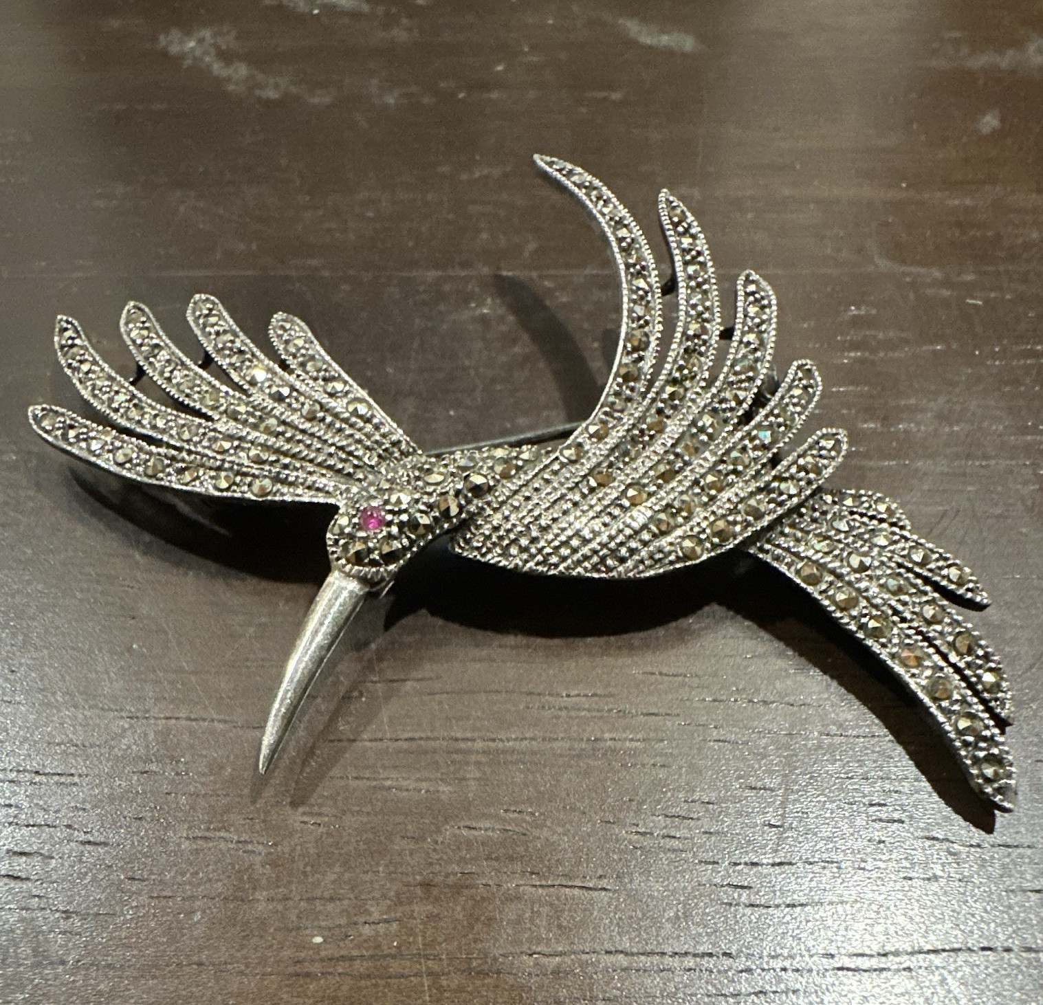 925 Silver Tone Bird in Flight Brooch Pin Clear Rhinestone Accents 13 grams