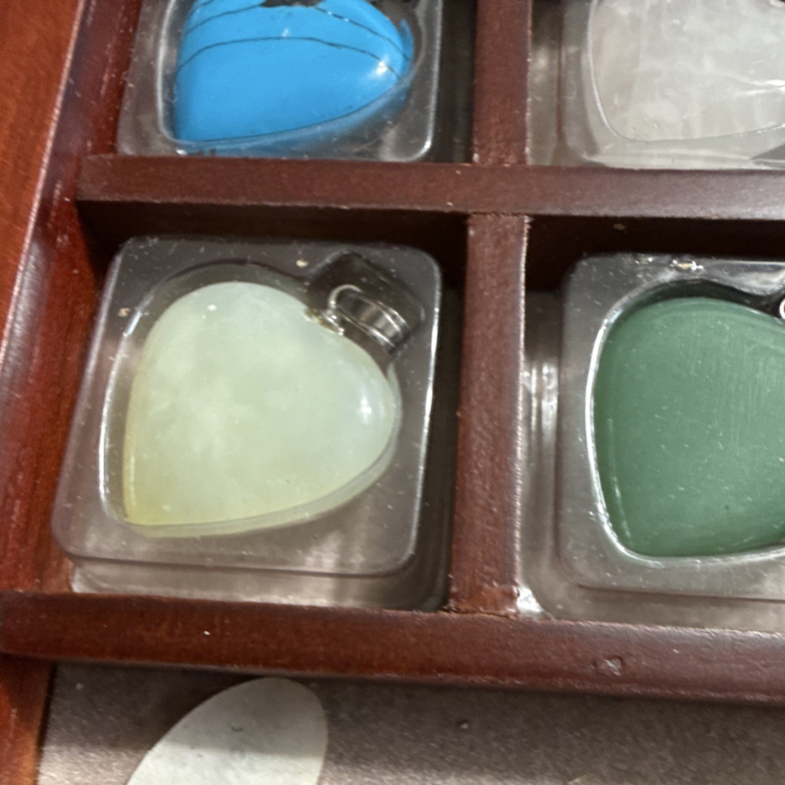 Assorted Gemstone Heart Pendant Charm Multicolor Set Wooden Box Nature Theme