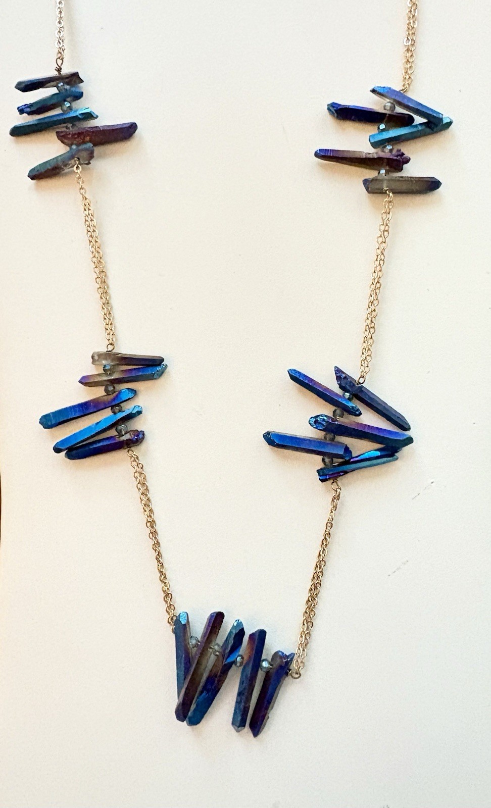 Rainbow Titanium Coated Quartz Crystal Spikes Points Gold Tone Necklace 32”+ 2”