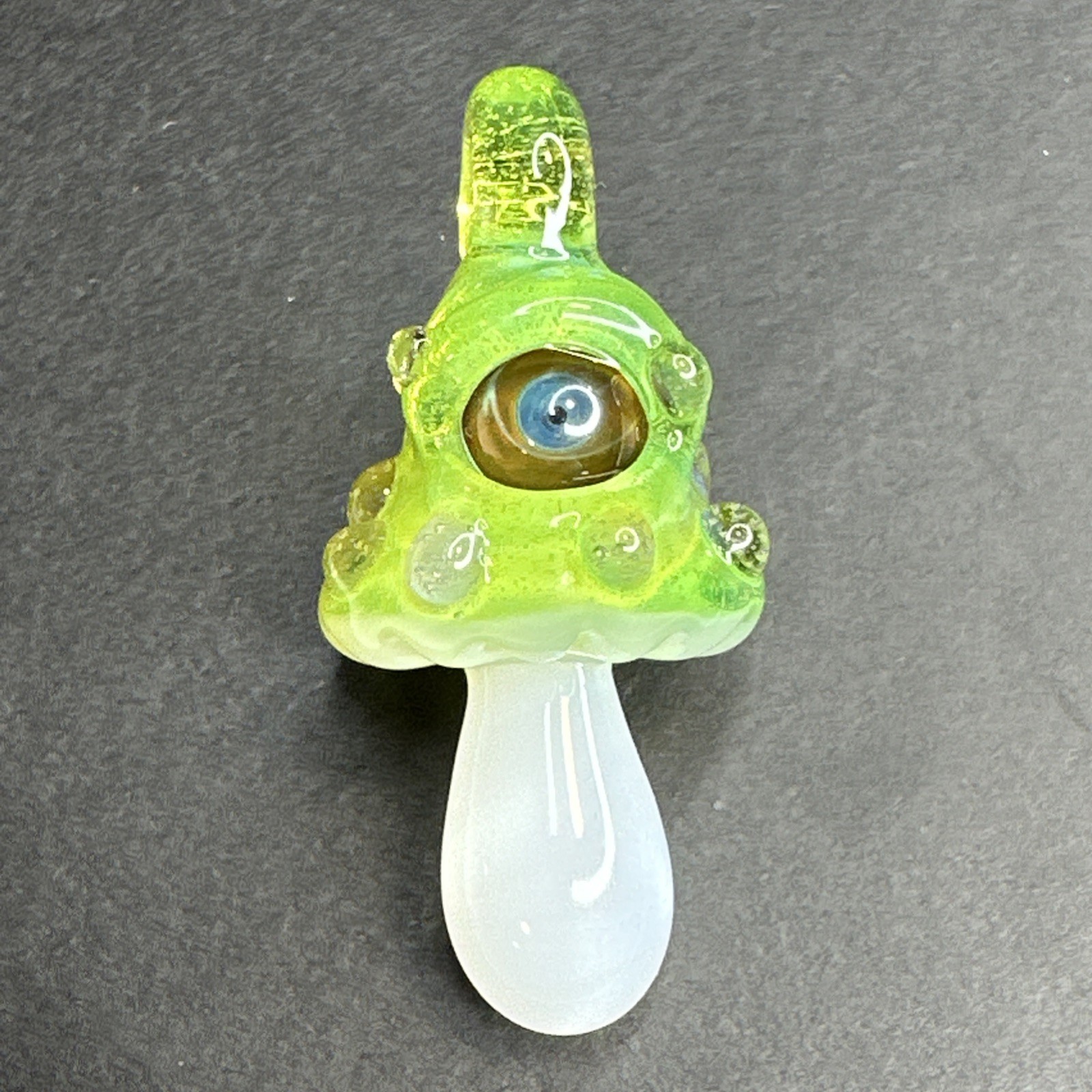 Handmade Art Glass Green Mushroom Eyeball Pendant, Bumpy Fungi Focal Bead Charm