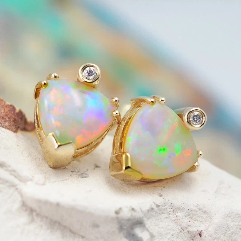 2Ct Trillion Natural Fire Opal Sparkly Delighted Studs 14K Yellow Gold Plated