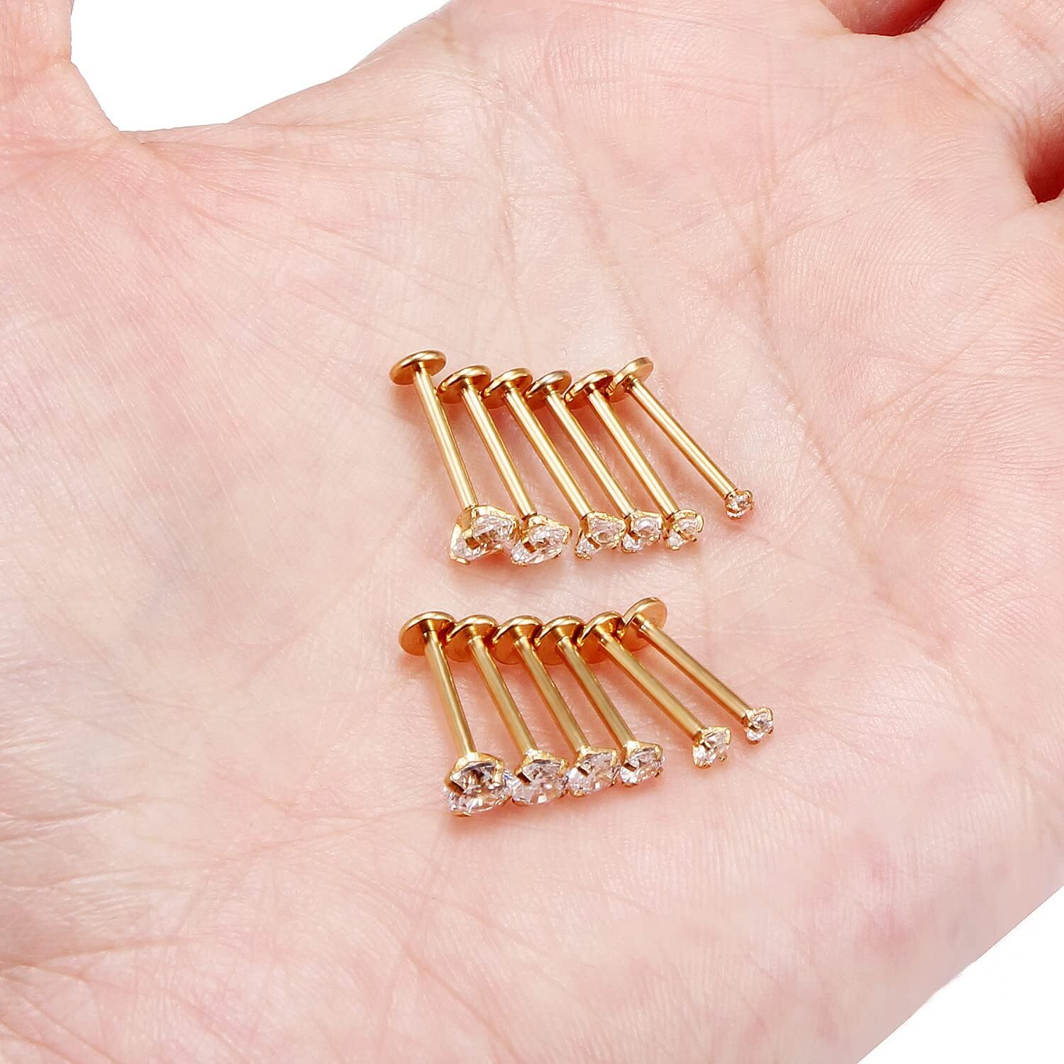 3 pc 20g 18g 16g Push Threadless Gold Steel Nose Stud Labret Tragus Lip Ear Ring