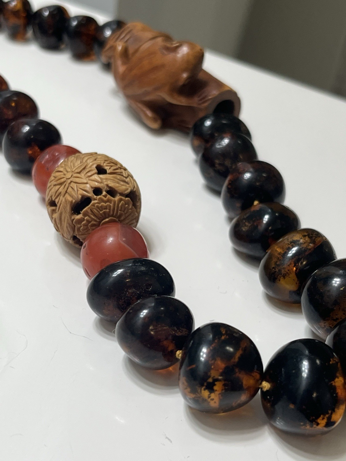 Baltic Amber Beaded Necklace Tied Nylon Cord with Carved Wood Frog/Floral Beads