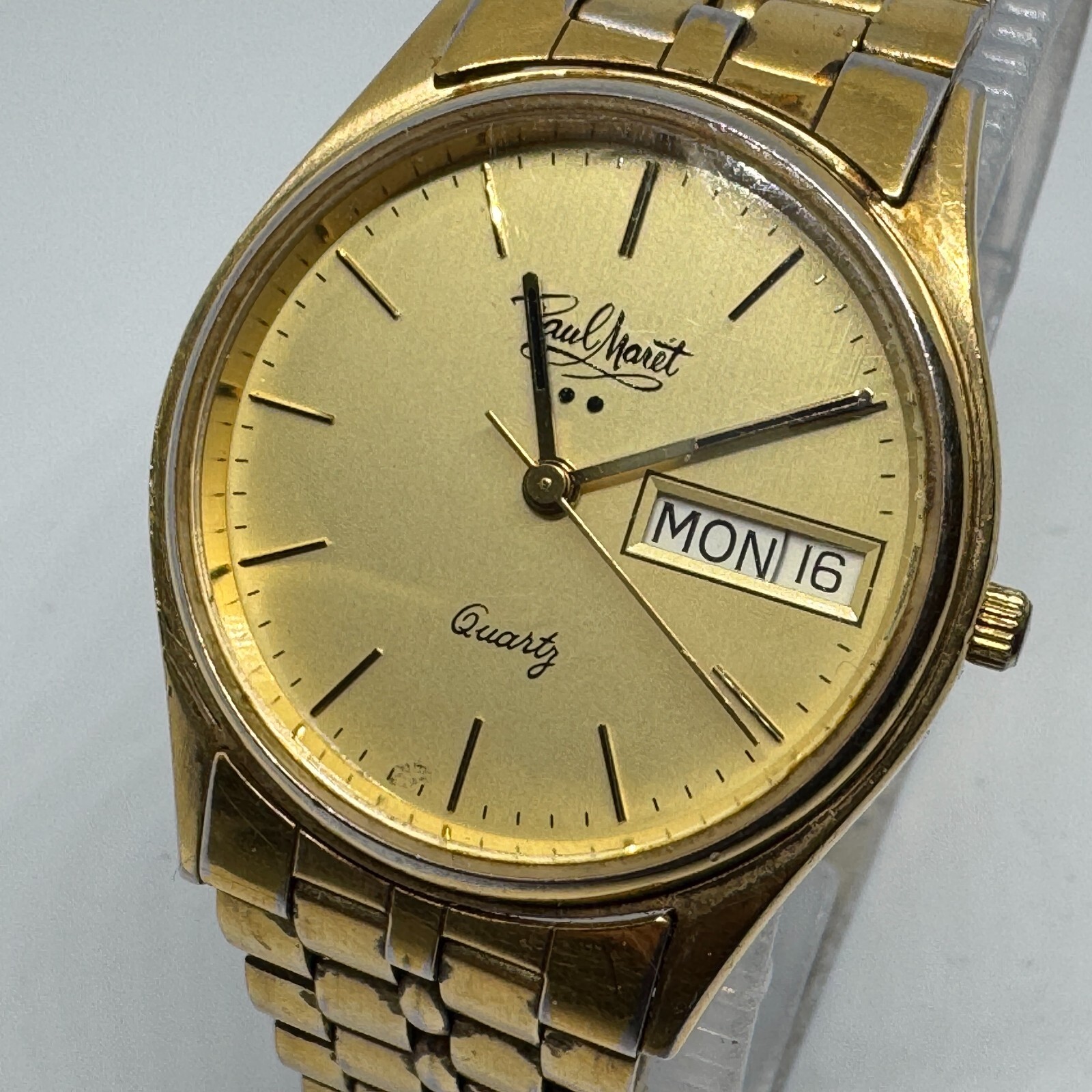 VTG Paul Maret Swiss Quartz Watch Men Gold Tone Day Date Analog New Batter 6.75″