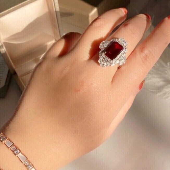 3Ct Emerald Cut Simulated Ruby & Diamond Engagement Ring 14K White Gold Plated