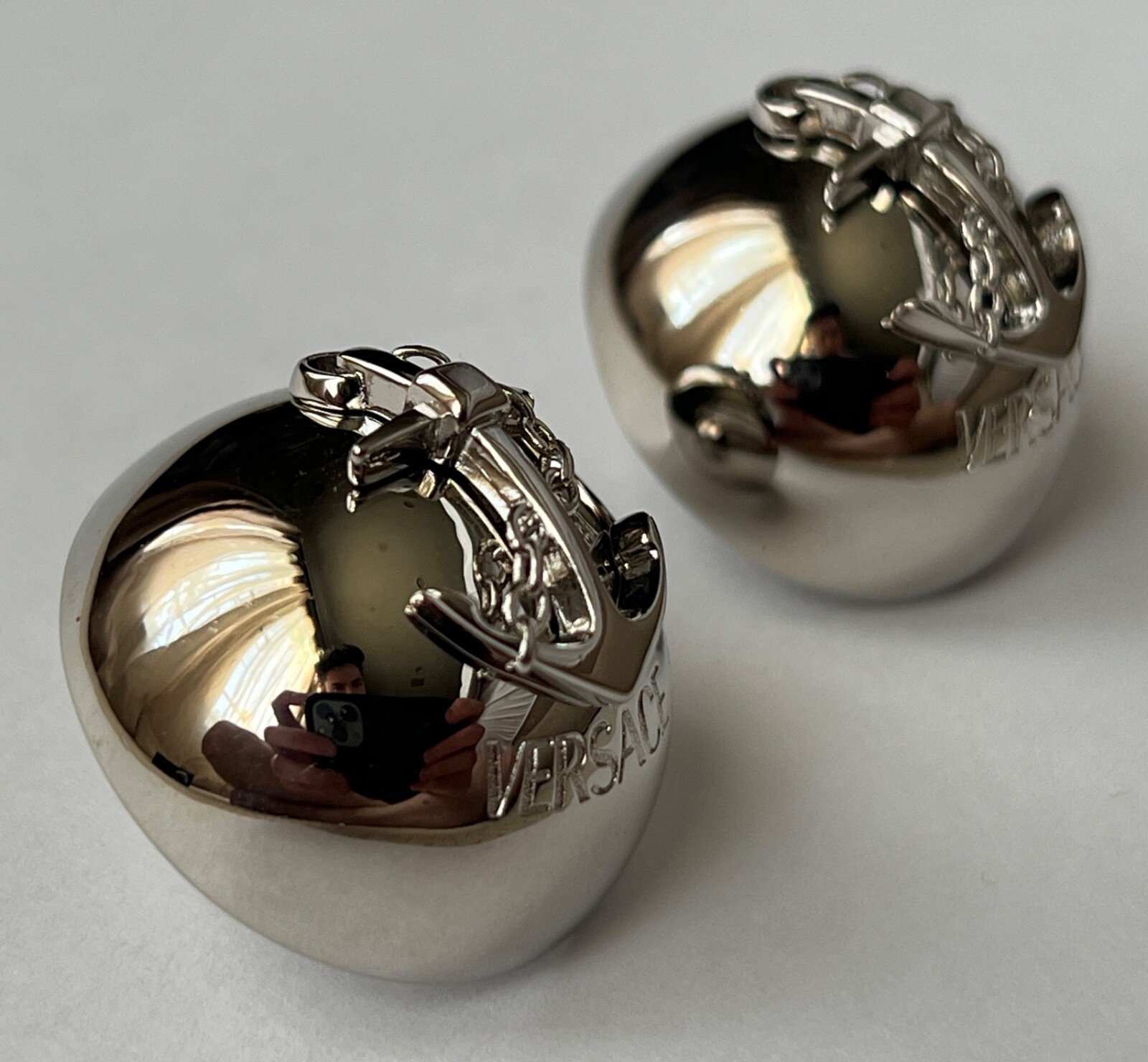 NIB Versace Nautical Anchor Logo Large Silver Sphere Round Ball Earrings $975