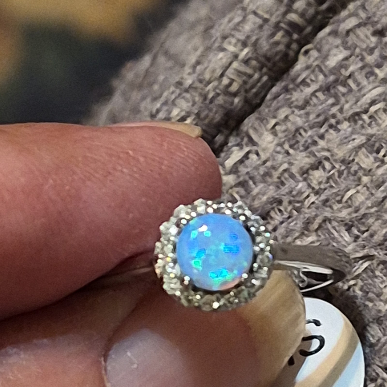 925 Stamped Sterling Silver Blue Round Opal W Halo CZ Cocktail Ring Size 7