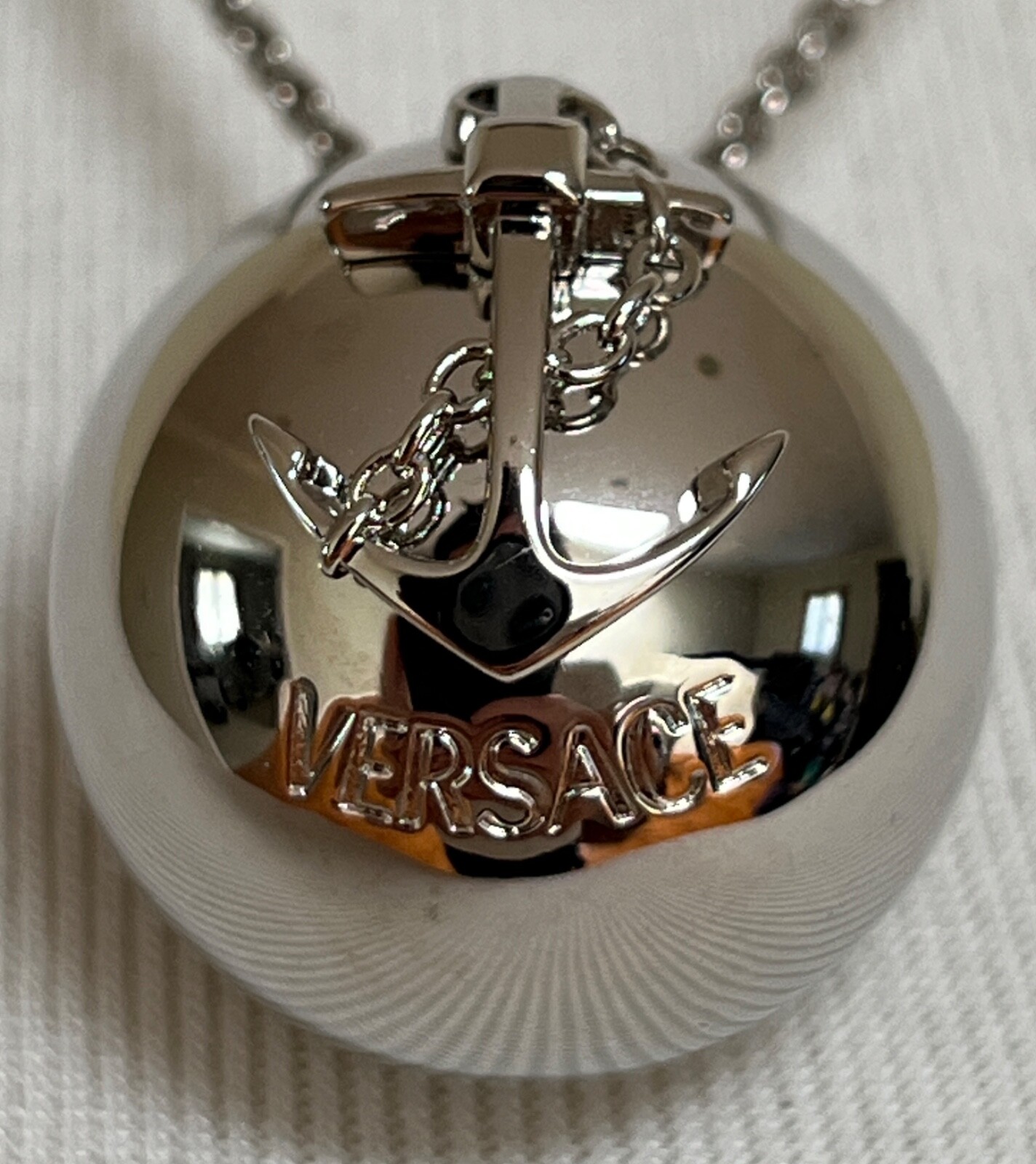 NIB Versace Nautical Anchor Logo Large Silver Sphere Round Pendant Necklace $975