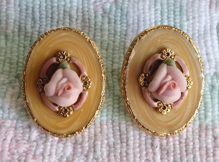 Goldtoned Oval Ornate Pierced Earrings With Ceramic Roses & Gold Swirl Enamel