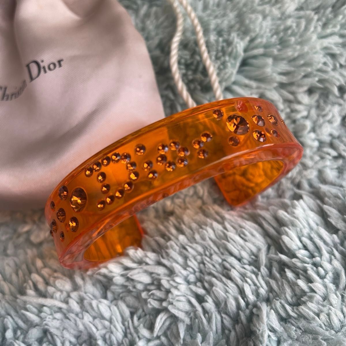 Christian Dior Logo Rhinestone Clear Orange Bangle Bracelet Cuff Accessory