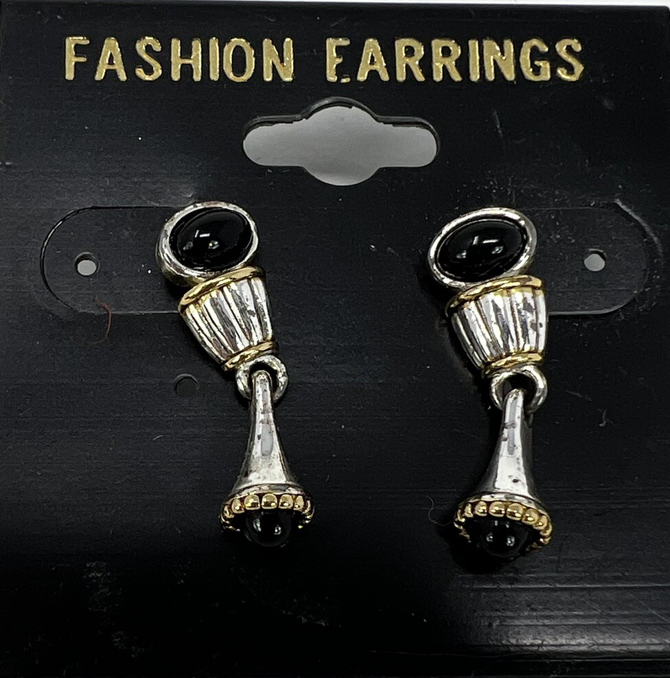 Earrings Gold, Silver And Black Stone Fashion Dangle 1” Vintage READ