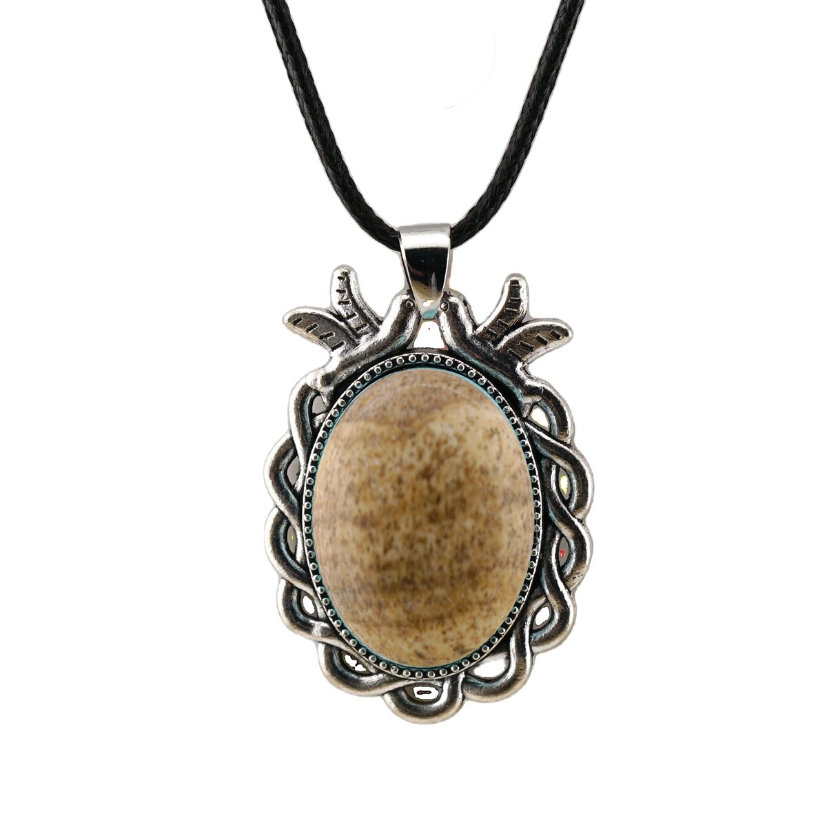 Natural Gemstone Oval Pendant with Lace and Bird Feather Wrapped Necklace