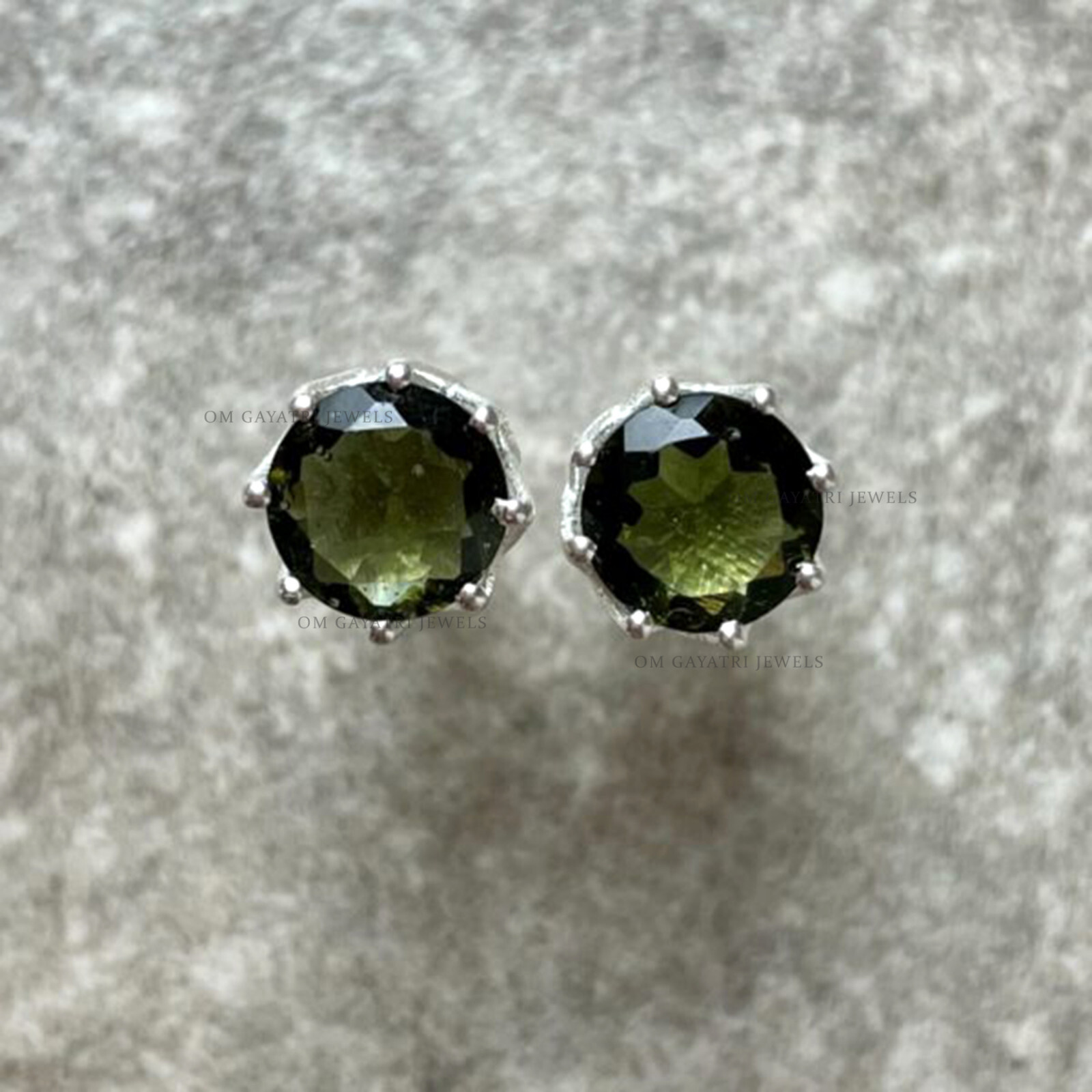 Natural Czech Cut Moldavite Stud Earrings 925 Streling Silver Handmade Jewelry