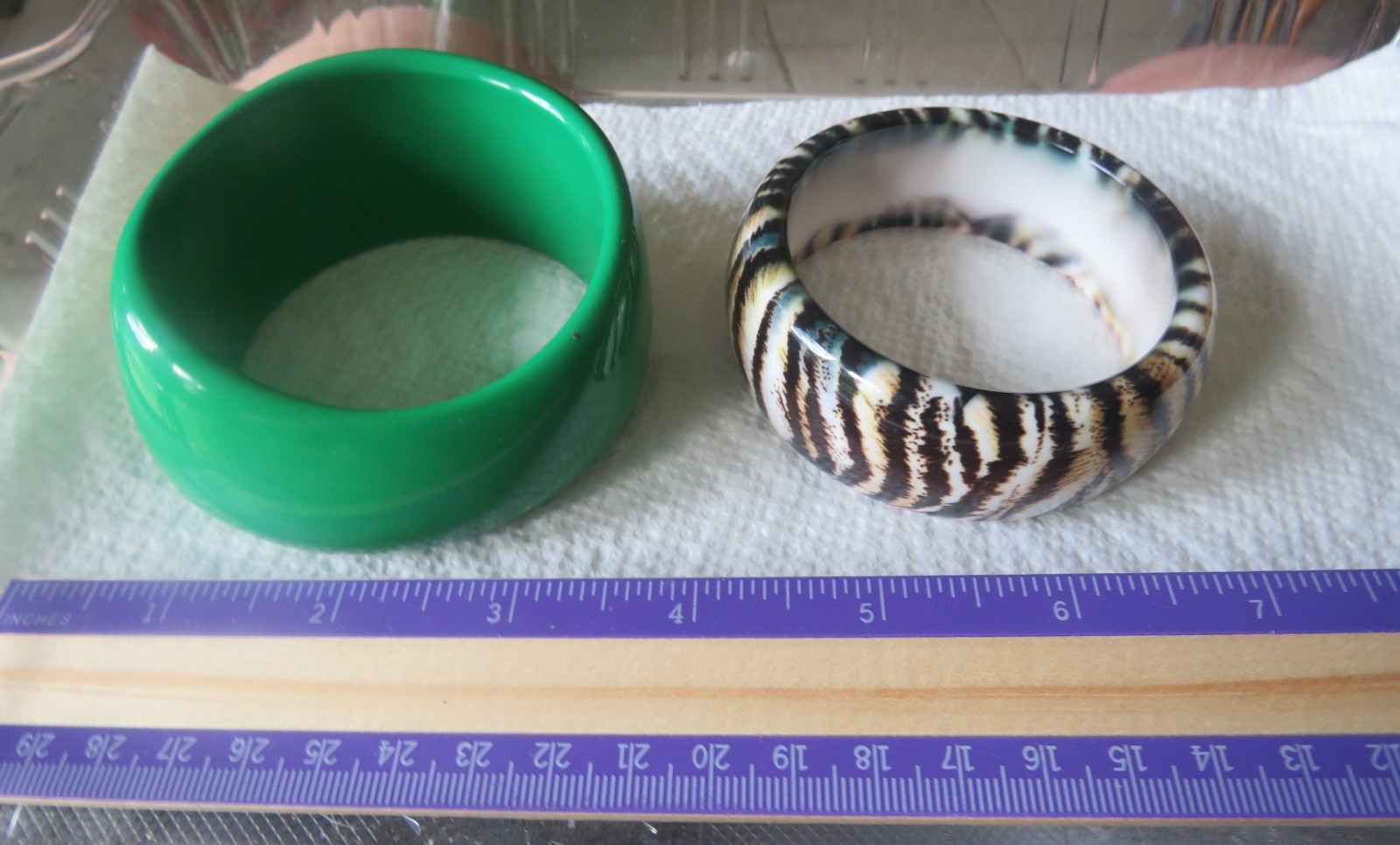 Lot of 2 Bangle Bracelets Green Plus Black Brown White Animal Look Chunky