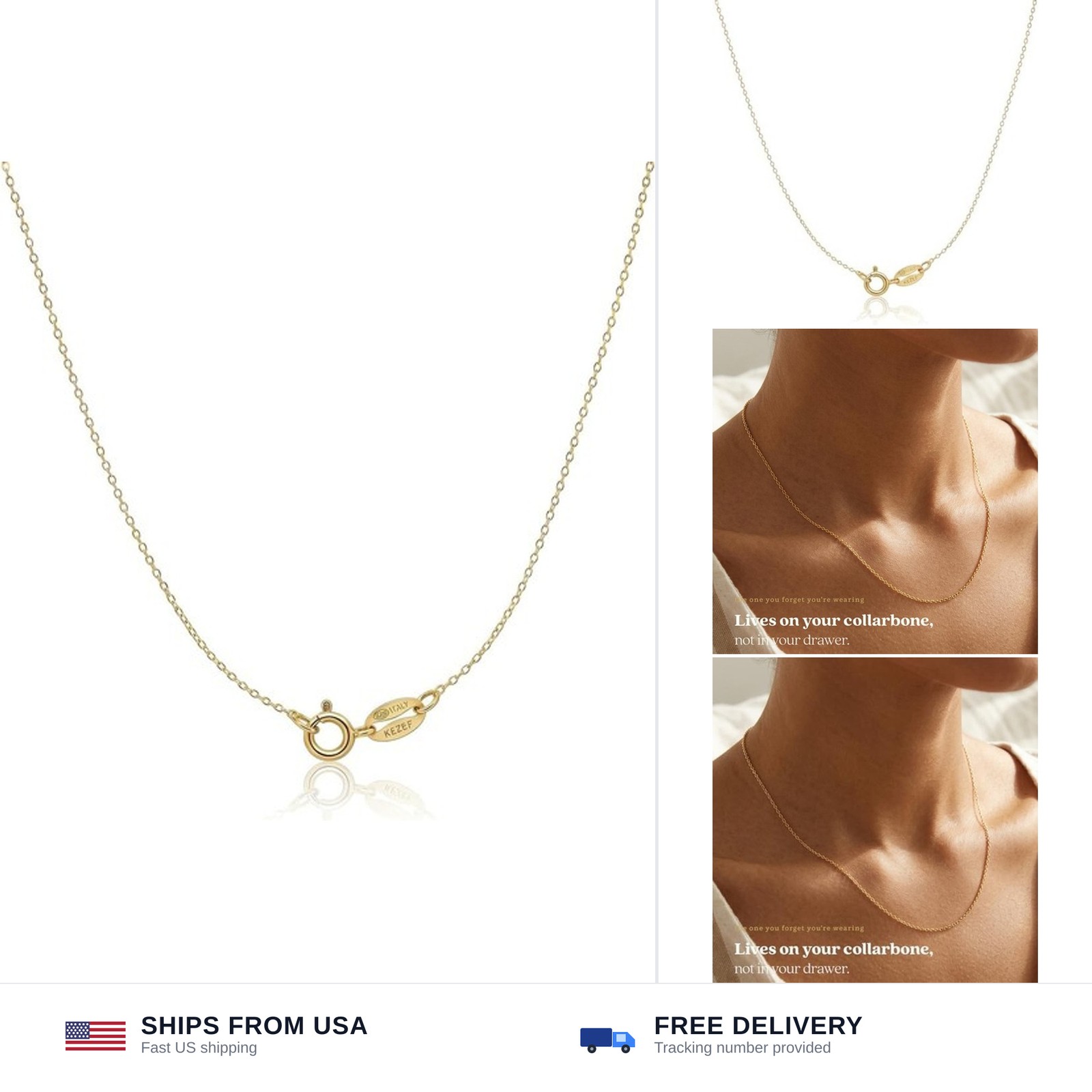 KEZEF 18K Gold Plated 925 Sterling Silver Box Chain Necklace for Women, 1mm T…