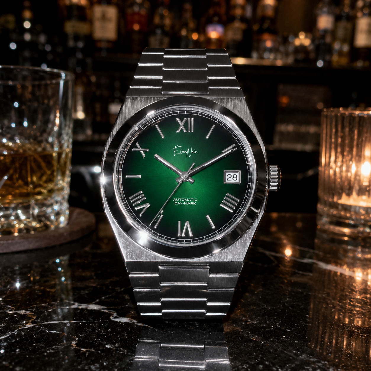 Custom Élan Noir Série I Silver/Emerald 39mm Auto NH35 Sapphire Steel Watch