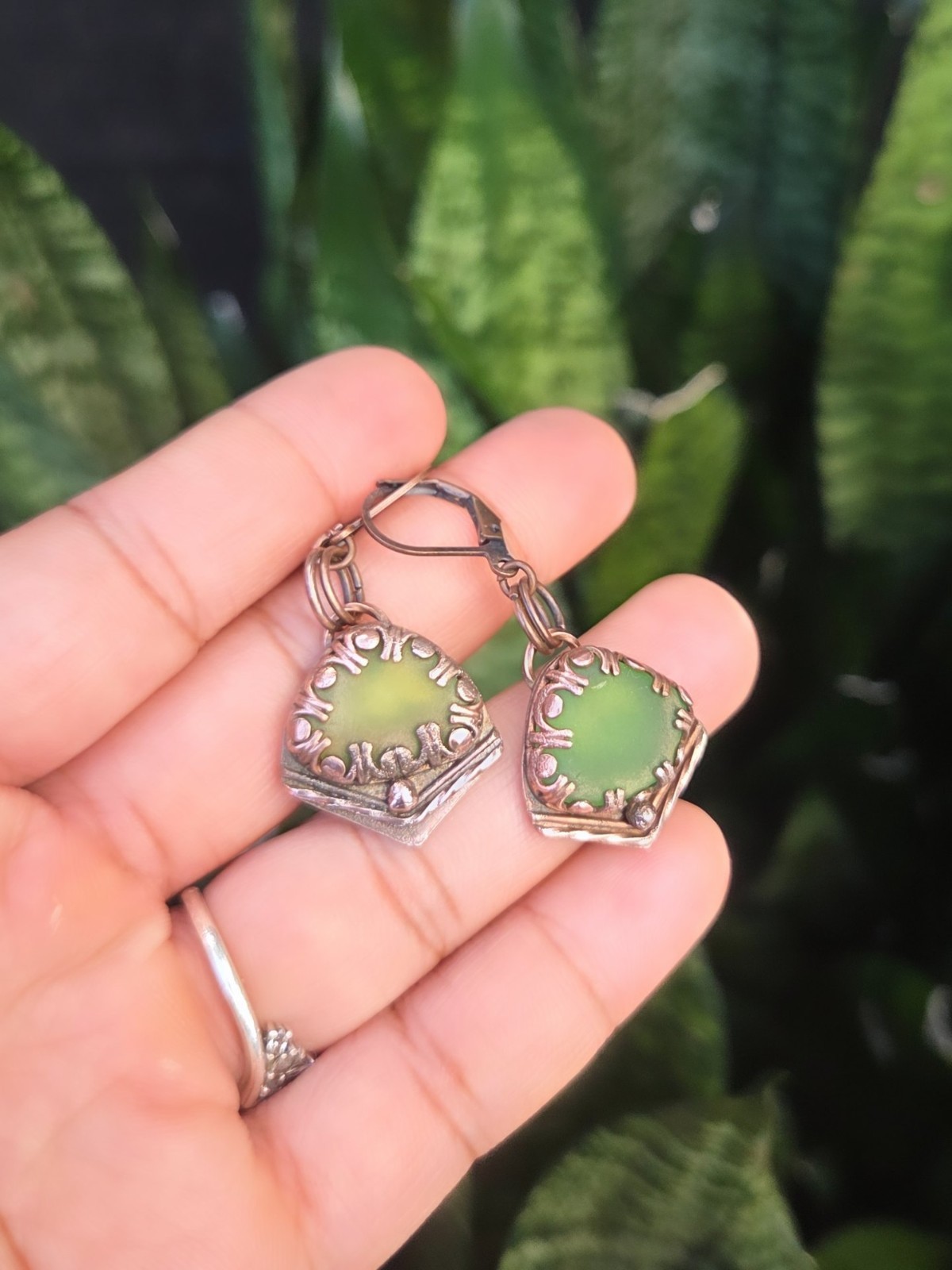 Handmade Green Seaglass Dangle Drop Earrings