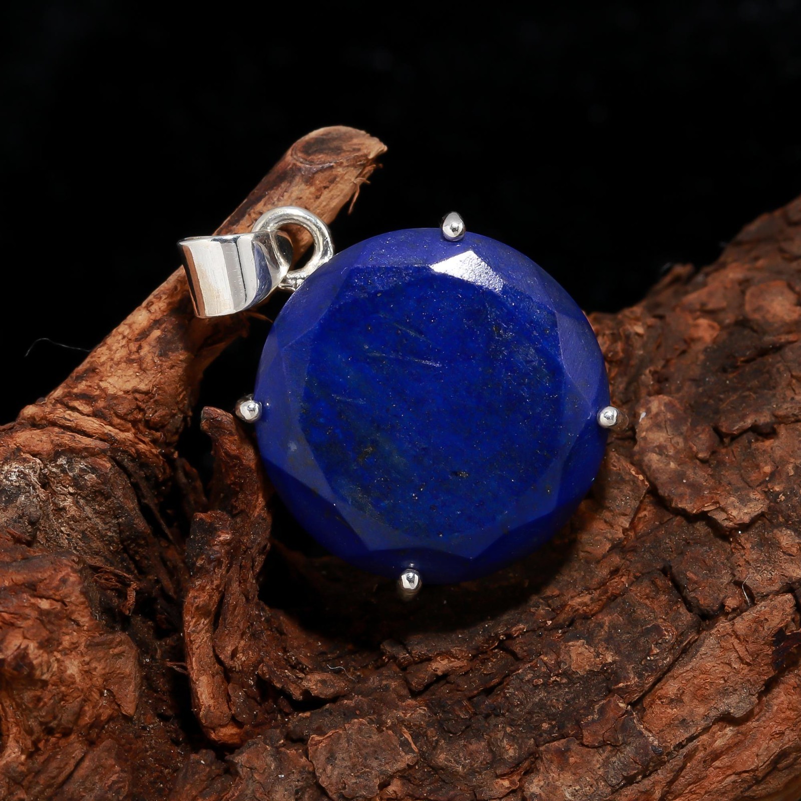Natural Lapis Lazuli Round Chain Pendant 925 Sterling Silver Handmade Jewelry