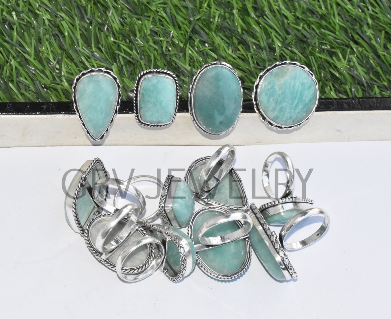 1-500 Pcs Natural Amazonite In Wholesale Gemstone Rings Lot: Silver Plated Whr-9