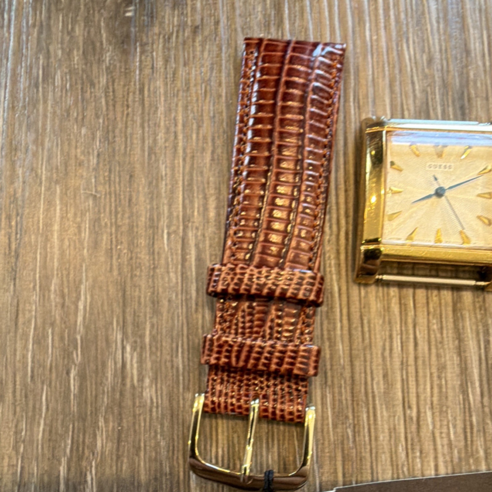 GUESS Gold Metal Wristwatch Brown Leather Strap Non-Numeric Hour Marks