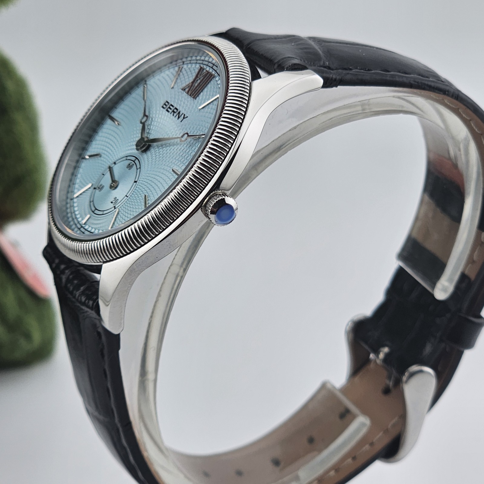 USA Seller-BERNY Ice Blue Guilloché Dial Dress Watch – Fluted Bezel, Quartz.