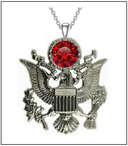 AMERICAN EAGLE w/ RED CRYSTAL Necklace – 2″ US Coat of Arms Silver Steel Pendant