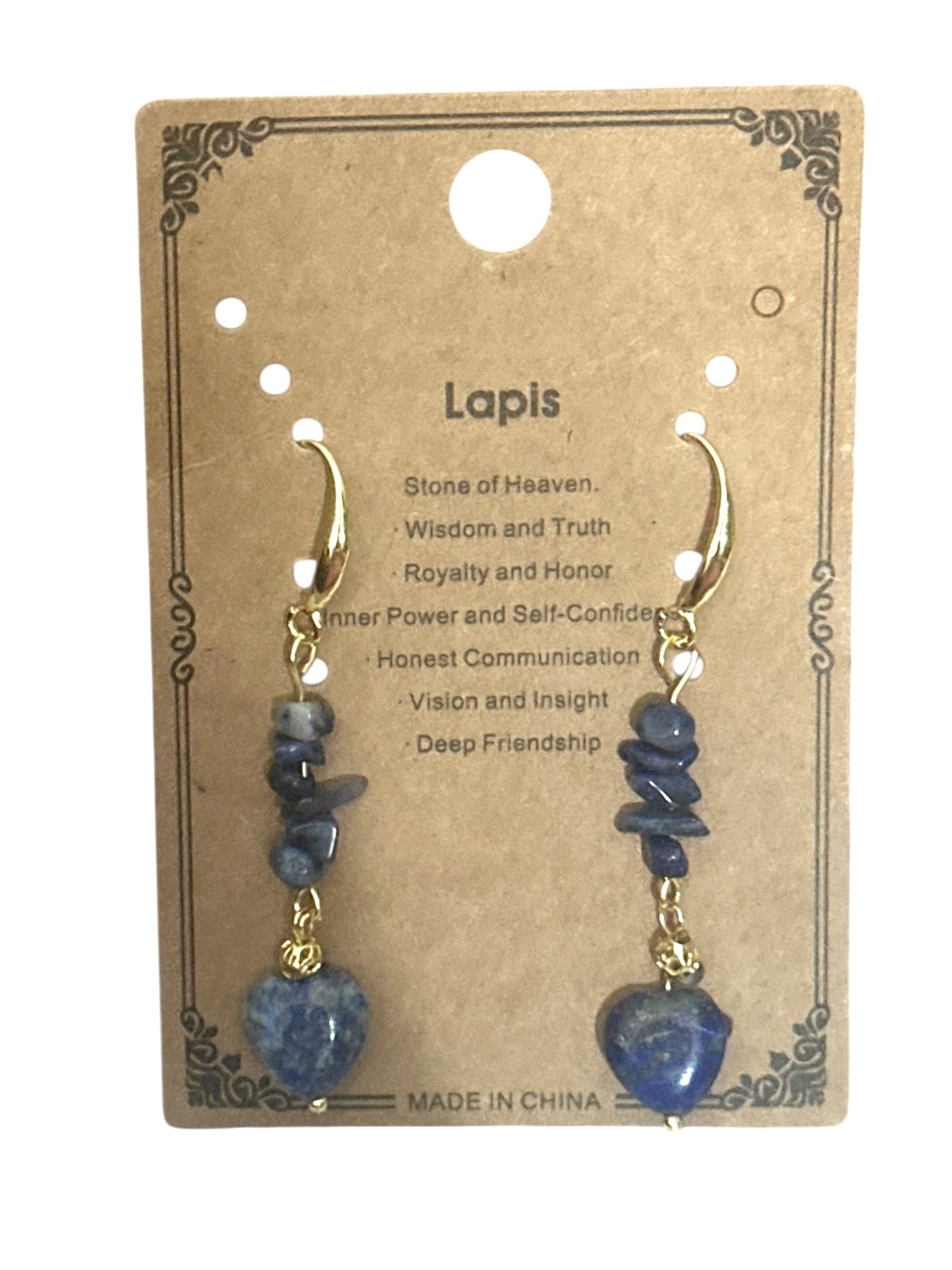 18K gold plated Earrings- Lapis- blue hearts- chip beads- french wire