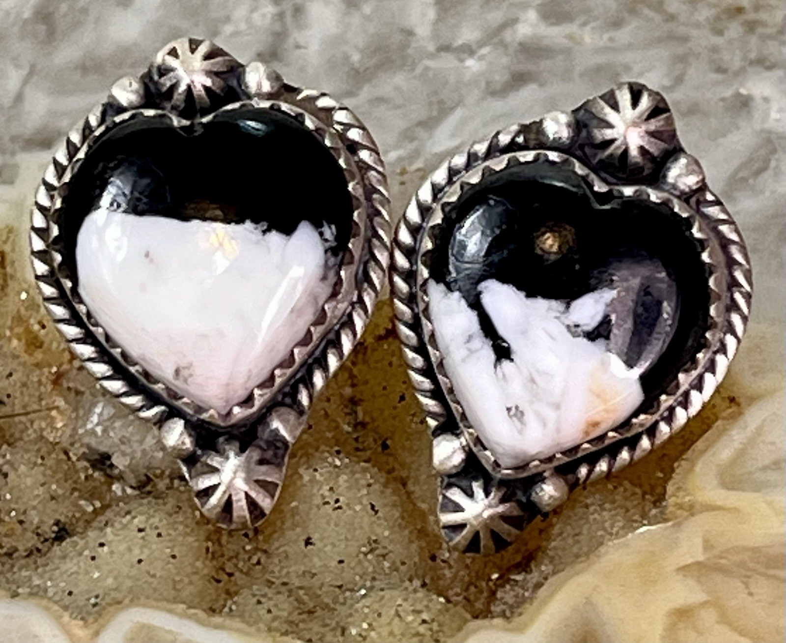 White Buffalo Heart Stud Sterling Silver Handmade Earrings SW Native Style 6g