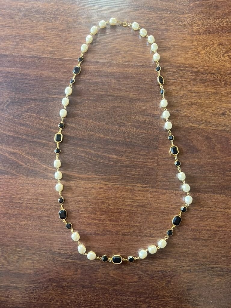 Vintage Sautoir Necklace Faux Pearl Black Glass Bezel Gold Chain Long Rope