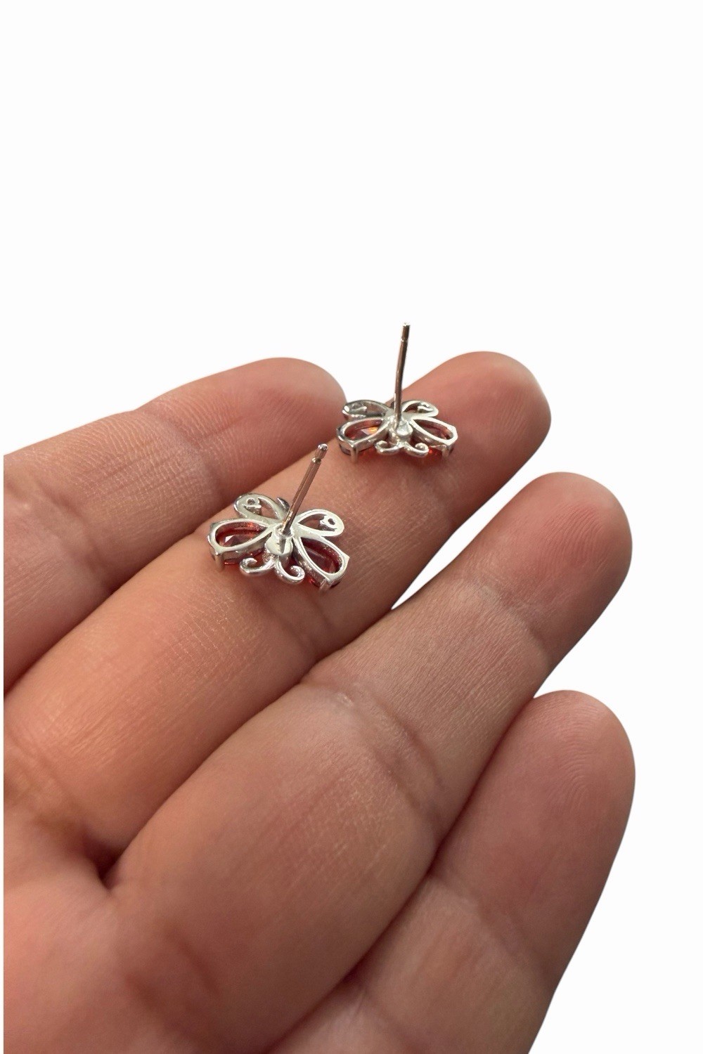 Butterfly Stud Earrings Butterfly Back Silver Metal Red Round Cubic Zirconia